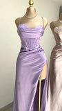 Niulatu Sheath Straps Satin Slit Prom Dress Long Evening Dresses With Ruffles HZ1110