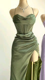 Niulatu Sheath Straps Satin Slit Prom Dress Long Evening Dresses With Ruffles HZ1110