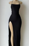 Niulatu Sheath Halter Black Long Prom Dress Evening Dresses With Split HZ1110
