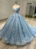 Niulatu Ball Gown Off The Shoulder Sweetheart Tulle Long Light Sky Blue Sweet 16 Dresses HZ1110