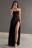 Niulatu Sheath Straps Black Long Prom Dress Evening Dresses With Slit HZ1110