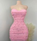 Niulatu Sheath Straps Pink Short Pearls Homecoming Dresses HZ1110