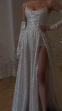 Niulatu A Line Strapless Sequin Long Prom Dress Slit Evening Dresses With Gloves HZ1110