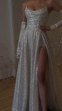 Niulatu A Line Strapless Sequin Long Prom Dress Slit Evening Dresses With Gloves HZ1110