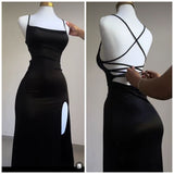 Niulatu Sheath Spaghetti Straps Backless Long Prom Dress Slit Evening Dresses HZ1110
