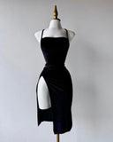 Niulatu Sheath Spaghetti Straps Black Slit Homecoming Dresses HZ1110