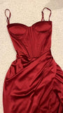 Niulatu Sheath Spaghetti Straps Red Long Prom Dress Slit Evening Dresses HZ1110