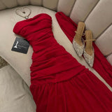 Niulatu Sheath Strapless Red Long Prom Dress Ruffles Evening Dresses HZ1110