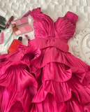 Niulatu Ball Gown Straps Hot Pink knee Length Ruffles Homecoming Dresses HZ1110