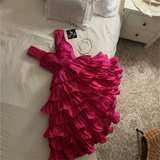 Niulatu Ball Gown Straps Hot Pink knee Length Ruffles Homecoming Dresses HZ1110