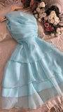 Niulatu A line One Shoulder Blue Short Ruffles Homecoming Dresses HZ1110