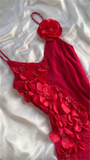 Niulatu A Line Spaghetti Straps Chiffon Red Prom Dress Formal Dress With Flowers HZ1110