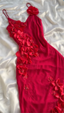 Niulatu A Line Spaghetti Straps Chiffon Red Prom Dress Formal Dress With Flowers HZ1110
