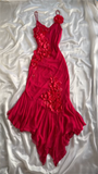 Niulatu A Line Spaghetti Straps Chiffon Red Prom Dress Formal Dress With Flowers HZ1110