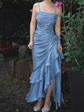 Niulatu Sheath Spaghetti Straps Sky Blue Vintage Floral Dress Asymmetrical Hem Prom Dresses HZ1110