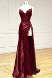 Niulatu Sheath Spaghetti Straps Burgundy Satin Prom Dress Formal Dress With Ruffles HZ1110