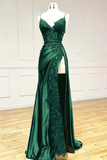 Niulatu Sheath Spaghetti Straps Burgundy Satin Prom Dress Formal Dress With Ruffles HZ1110