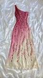 Niulatu Sheath One Shoulder Chiffon Ombre Pink Long Prom Dress Party Dress With Flowers Beads HZ1110