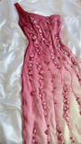 Niulatu Sheath One Shoulder Chiffon Ombre Pink Long Prom Dress Party Dress With Flowers Beads HZ1110