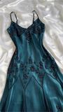 Niulatu Sheath Spaghetti Straps Chiffon Navy Blue Prom Dresses Evening Dress With Beads HZ1110