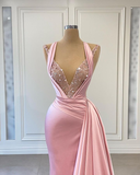 Niulatu Pink Mermaid Long Slit Prom Dress With Ruffles HZ1110
