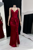 Niulatu Mermaid Burgundy Slit Spaghetti Straps Prom Dresses HZ1110