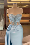 Niulatu Mermaid Light Sky Blue Slit Sweetheart Long Prom Dresses HZ1110