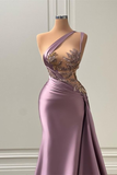 Niulatu Light Purple One-Shoulder Mermaid Prom Dress with Beads and Split HZ1110