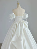 Niulatu Ball Gown Sweetheart Satin Long White Wedding Dresses With Bow HZ1110
