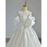 Niulatu Ball Gown Sweetheart Satin Long White Wedding Dresses With Bow HZ1110