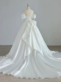Niulatu Ball Gown Sweetheart Satin Long White Wedding Dresses With Bow HZ1110