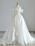 Niulatu Ball Gown Sweetheart Satin Long White Wedding Dresses With Bow HZ1110