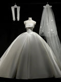 Niulatu Ball Gown Strapless Satin Long White Wedding Dresses With Lace HZ1110