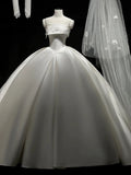 Niulatu Ball Gown Strapless Satin Long White Wedding Dresses With Lace HZ1110