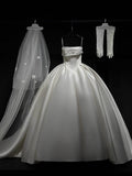 Niulatu Ball Gown Strapless Satin Long White Wedding Dresses With Lace HZ1110