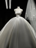 Niulatu Ball Gown Strapless Satin Long White Wedding Dresses With Lace HZ1110