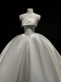 Niulatu Ball Gown Strapless Satin Long White Wedding Dresses With Lace HZ1110