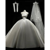 Niulatu Ball Gown Strapless Satin Long White Wedding Dresses With Lace HZ1110