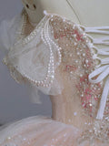 Niulatu Ball Gown Off The Shoulder Pink Lace Long Wedding Dresses With Beads HZ1110