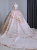 Niulatu Ball Gown Off The Shoulder Pink Lace Long Wedding Dresses With Beads HZ1110