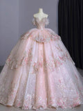 Niulatu Ball Gown Off The Shoulder Pink Lace Long Wedding Dresses With Beads HZ1110