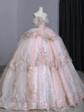 Niulatu Ball Gown Off The Shoulder Pink Lace Long Wedding Dresses With Beads HZ1110