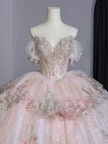 Niulatu Ball Gown Off The Shoulder Pink Lace Long Wedding Dresses With Beads HZ1110