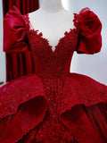Niulatu Ball Gown V Neckline Red Lace Long Wedding Dresses With Lace HZ1110