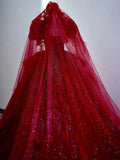 Niulatu Ball Gown V Neckline Red Lace Long Wedding Dresses With Lace HZ1110
