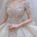 Niulatu Ball Gown Scoop Neckline White Lace Long Wedding Dresses With Beads HZ1110