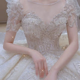 Niulatu Ball Gown Scoop Neckline White Lace Long Wedding Dresses With Beads HZ1110