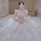 Niulatu Ball Gown Scoop Neckline White Lace Long Wedding Dresses With Beads HZ1110