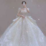 Niulatu Ball Gown Scoop Neckline White Lace Long Wedding Dresses With Beads HZ1110