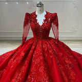 Niulatu Ball Gown V Neckline Red Long Sleeves Lace Long Wedding Dresses With Beads HZ1110